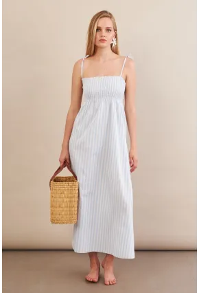 Kadın Ekru-Mavi Straplez çizgili Plaj Elbisesi OR502