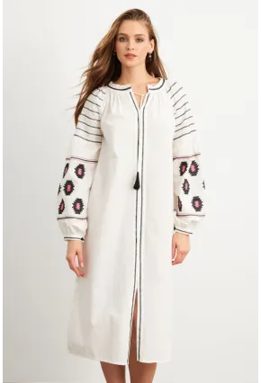 Kadın Ekru Nakışlı Balon Kol Keten Midi Elbise MQS5689-1
