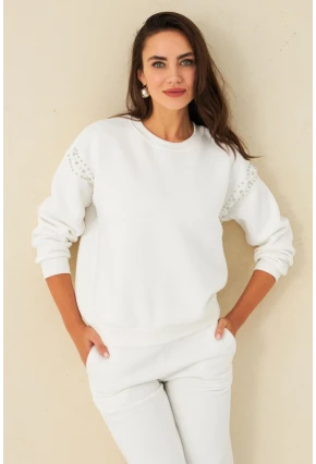 Kadın Ekru Omuzları İnci Detaylı Sweatshirt DY1424