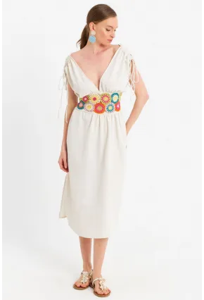 Kadın Ekru Ön Arka V Nakışlı Midi Elbise ELT180