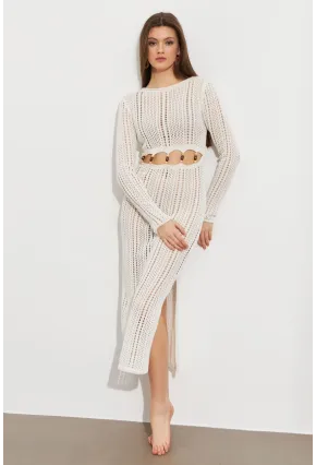 Kadın Ekru Önü Pencereli Ajurlu Plaj Elbisesi KZ545