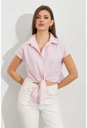 Kadın Ekru-Pembe Çizgili Bağlamalı Crop Gömlek MPC306