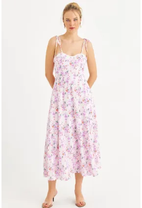 Kadın Ekru-Pembe İp Askılı Çiçekli Midi Elbise ERL10013