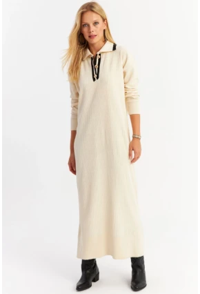 Kadın Ekru Polo Yaka Triko Maxi Elbise MNUV17