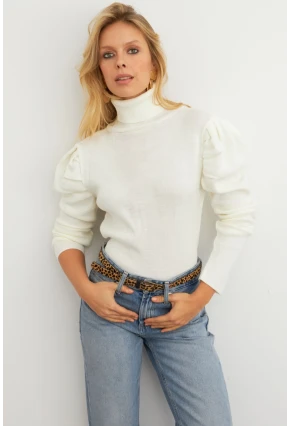Kadın Ekru Prenses Kol Balıkçı Yaka Triko Bluz MSF2555