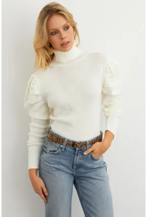 Kadın Ekru Prenses Kol Balıkçı Yaka Triko Bluz MSF2555