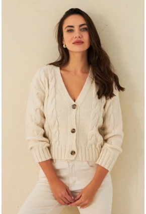 Kadın Ekru Saç Örgülü Hırka YV295