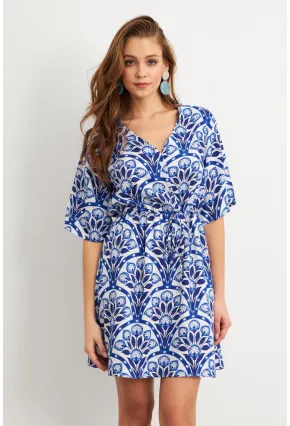 Kadın Ekru-Saks Desenli Mini Elbise Q1006