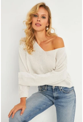 Kadın Ekru Salaş Kısa Triko Bluz YV281