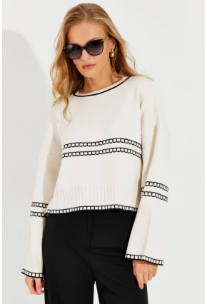 Kadın Ekru Salaş Triko Kısa Kazak YZ518