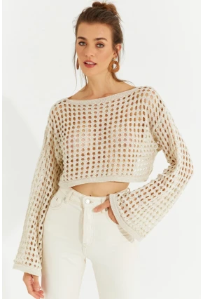 Kadın Ekru Simli Ajurlu Triko Kısa Bluz YV141
