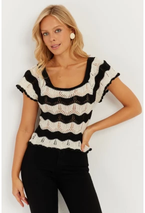Kadın Ekru-Siyah Ajurlu Triko Bluz YZ624