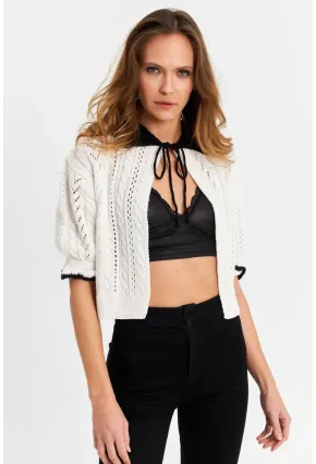 Kadın Ekru-Siyah Ajurlu Triko Hırka YV307