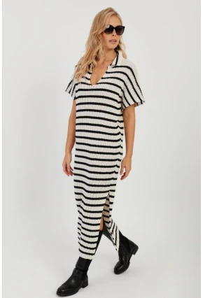 Kadın Ekru-Siyah Ajurlu Triko Midi Elbise YZ622