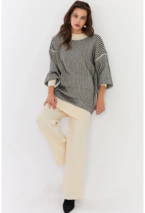 Kadın Ekru-Siyah Alt Üst Pantalon Triko Takım NUV35