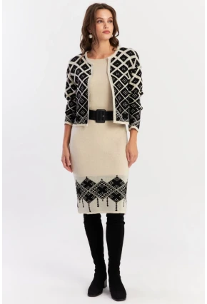 Kadın Ekru-Siyah Alt Üst Triko Desenli Takım NUV2028