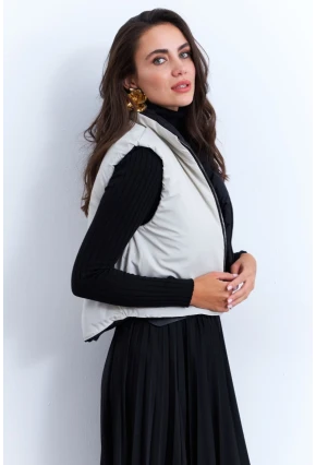 Kadın Ekru-Siyah Çift Taraflı Şişme Kısa Yelek MX12