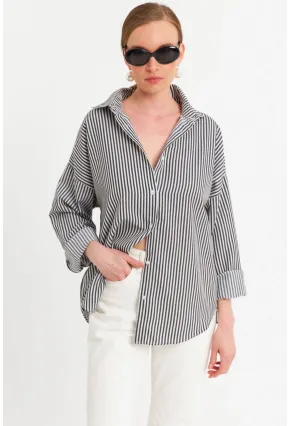 Kadın Ekru-Siyah Çizgili Gömlek ZER425