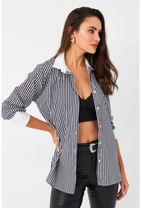 Kadın Ekru-Siyah Çizgili Kontrast Gömlek ELT156