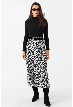 Kadın Ekru-Siyah Desenli Çan Etek MLON3007