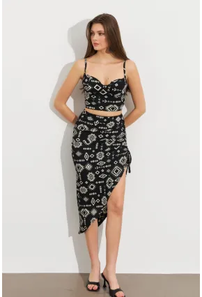 Kadın Ekru-Siyah Desenli Crop Etek Takım LİT108