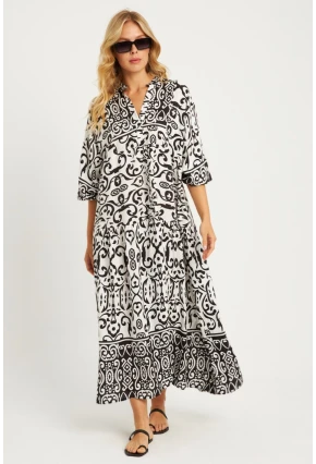 Kadın Ekru-Siyah Desenli Midi Elbise MGÇ169