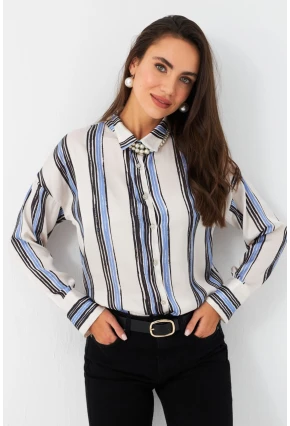 Kadın Ekru-Siyah Desenli Saten Gömlek MSHR500