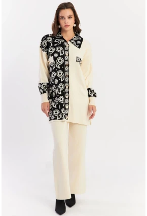 Kadın Ekru-Siyah Desenli Triko Alt Üst Takım NUV1066