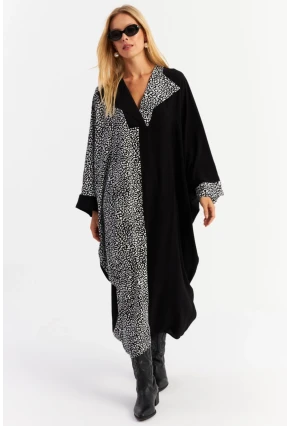 Kadın Ekru-Siyah Leopar Bloklu Maxi Elbise MALO15
