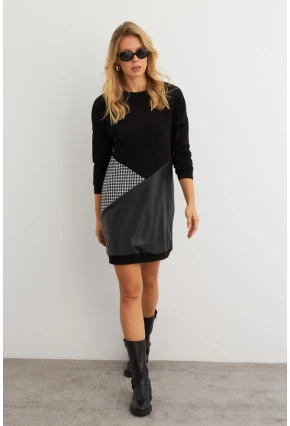 Kadın Ekru-Siyah Leopar Desenli Mini Sweat Elbise ST145