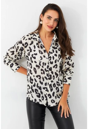 Kadın Ekru-Siyah Leopar Desenli Saten Gömlek SHR9