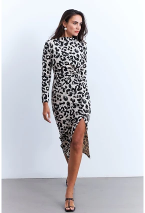 Kadın Ekru-Siyah Önü Düğümlü Desenli Midi Elbise MKED5006