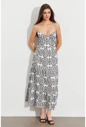 Kadın Ekru-Siyah Sırt Dekolteli Desenli Maxi Elbise LİT110