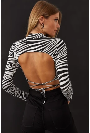 Kadın Ekru-Sıyah Sırt Dekolteli Zebra Desenli Crop Bluz LPP1131