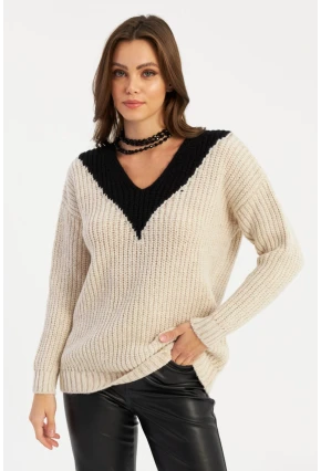 Kadın Ekru-Siyah V Yaka Triko Kazak SMT2434