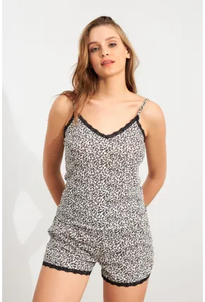 Kadın Ekru-Taş Dantel Detaylı Leopar Pijama Takımı SAN102