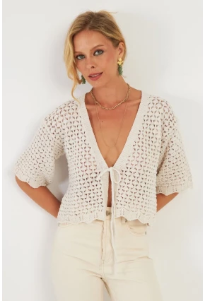 Kadın Ekru Triko Ajurlu Hırka YV255