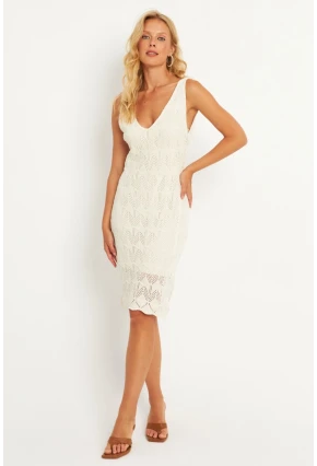 Kadın Ekru Triko Astarlı Midi Elbise HC1536
