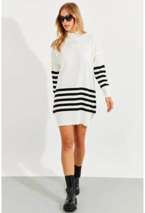 Kadın Ekru Triko Çizgili Tunik YV202
