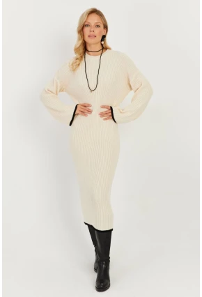 Kadın Ekru Triko Maxi Elbise SF2538