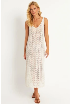 Kadın Ekru Triko Midi Plaj Elbisesi HC1482