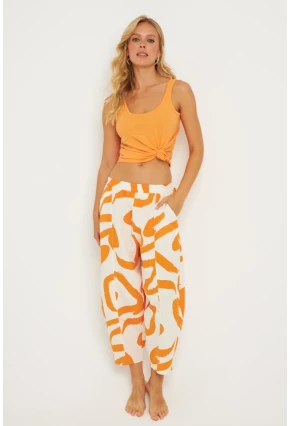 Kadın Ekru-Turuncu Desenli Keten Şalvar Pantolon K1253