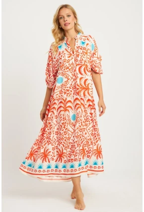 Kadın Ekru-Turuncu Desenli Midi Elbise MGÇ169