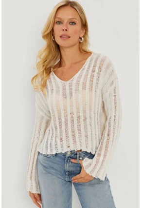 Kadın Ekru V Yaka Ajurlu Triko Bluz YV233