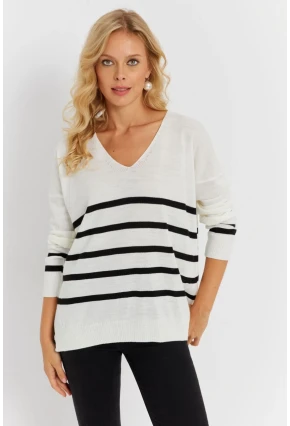 Kadın Ekru V Yaka Çizgili Triko Kazak YİL550