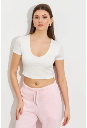 Kadın Ekru V Yaka Crop Bluz TOP101