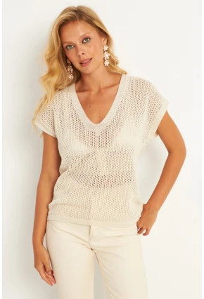 Kadın Ekru V Yaka Fileli Bluz SMT230