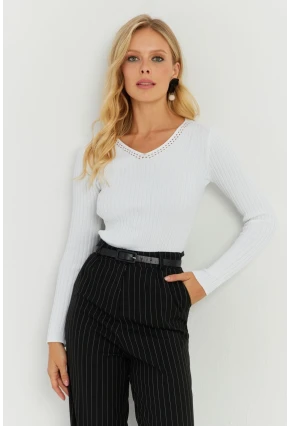 Kadın Ekru V Yaka Fitilli Triko Bluz SMT216