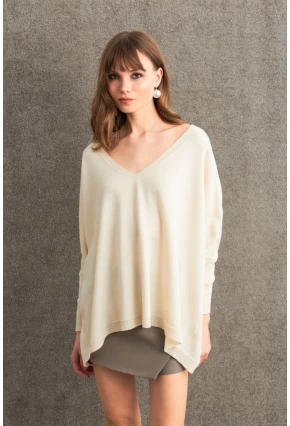 Kadın Ekru V Yaka Salaş Bluz YV304