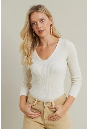 Kadın Ekru V Yaka Triko Bluz YV284